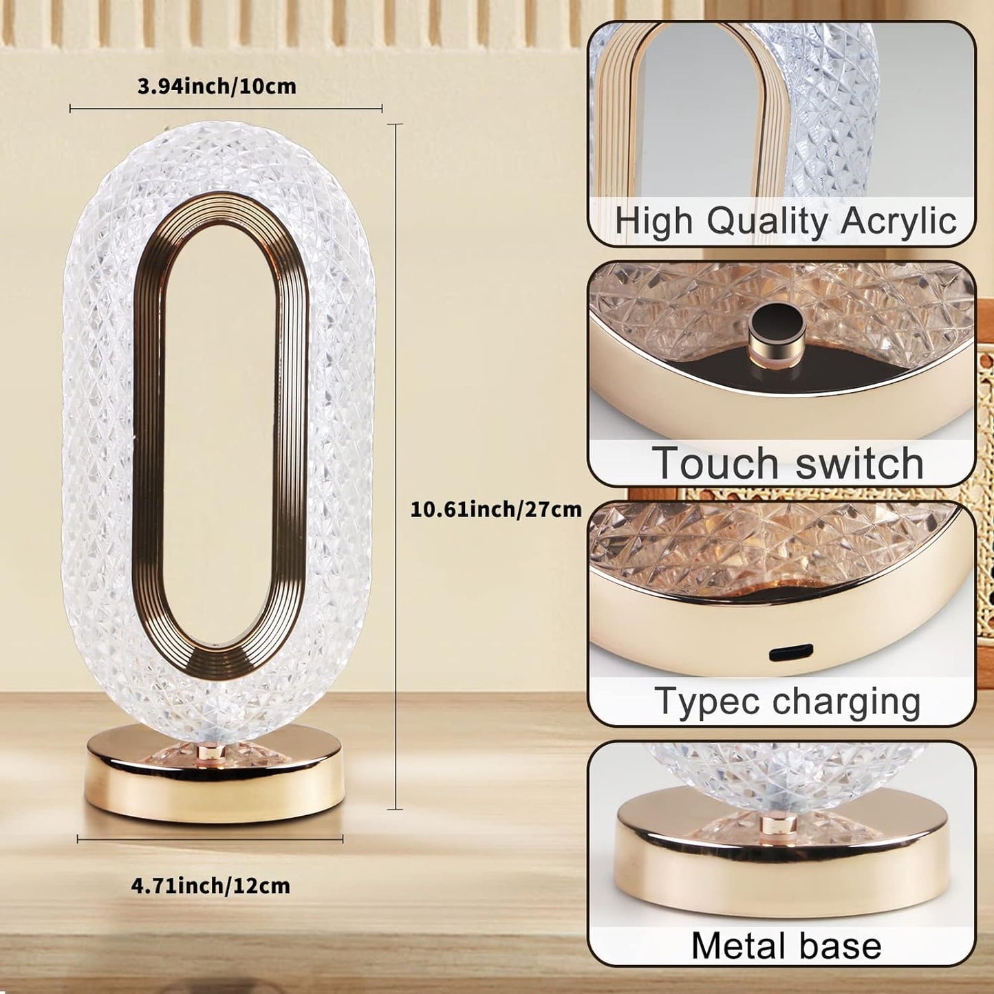 Rechargeable Oval Crystal Table Lamp – 3-Color Touch Control