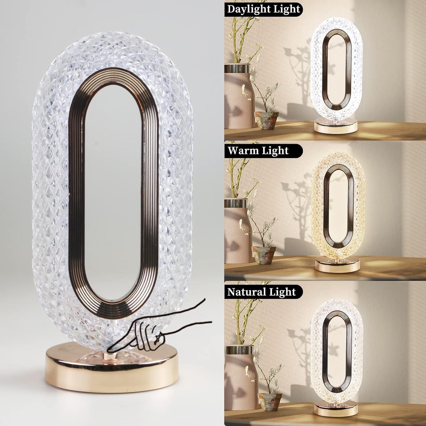 Rechargeable Oval Crystal Table Lamp – 3-Color Touch Control